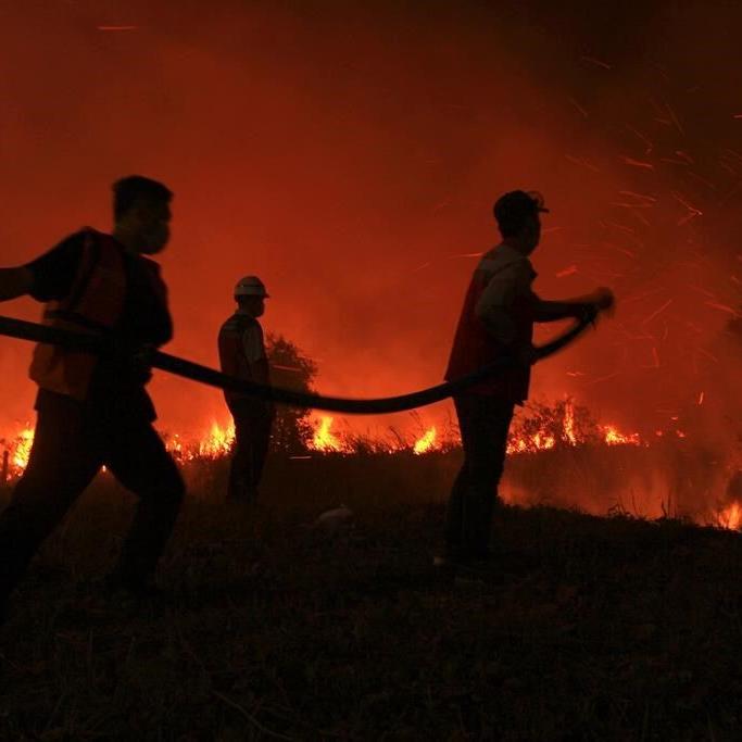 Firefighters are trying to put out a peatland fire threatening homes on Indonesia’s Sumatra Island